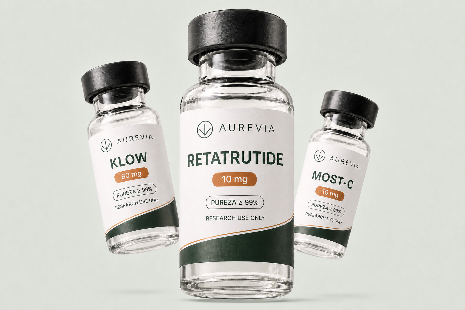 Viales Aurevia Retatrutide 10 mg, KLOW 80 mg y MOST-C 10 mg con la leyenda Research Use Only